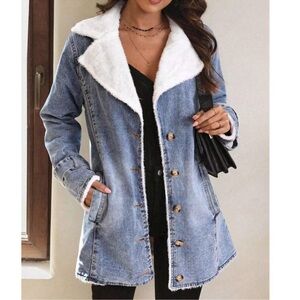 Cozy Teddy Lined Button Pocket Oversized Jean Denim Jacket Coat XS S M L